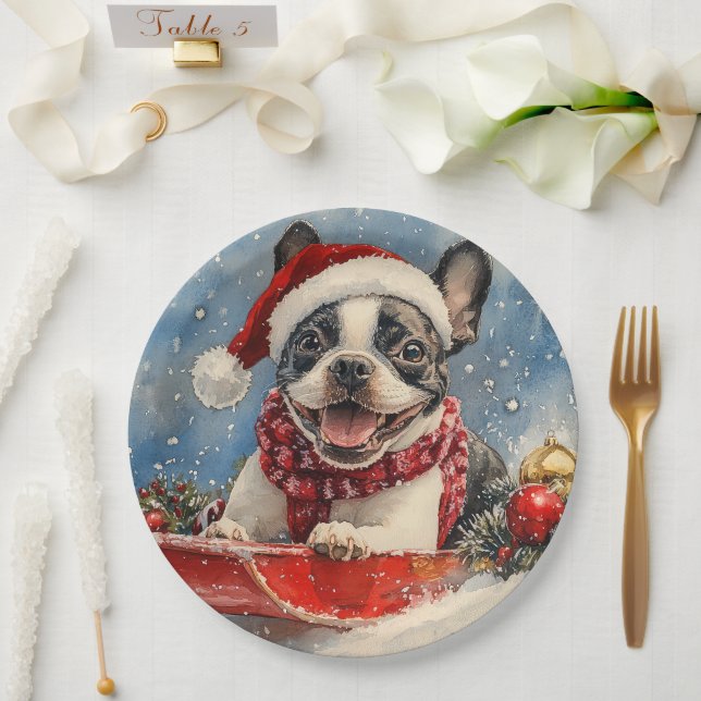 Assiettes En Carton Boston Terrier Dog in Sledge Let it Neige Noël (Mariage)
