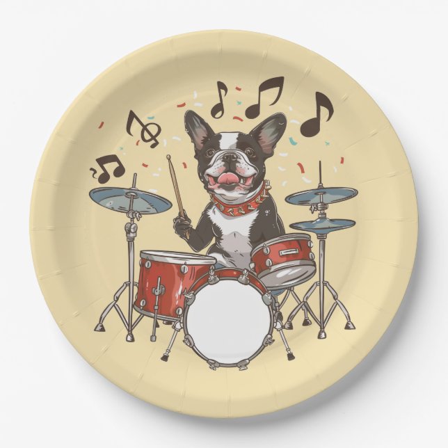 Assiettes En Carton Boston Terrier Dog Playing Drums (Devant)