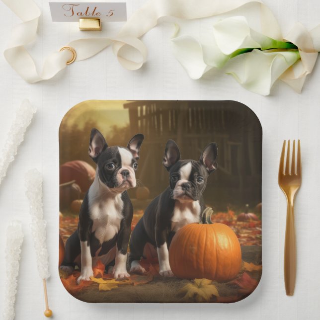 Assiettes En Carton Boston Terrier Puppy Automne Citrouille de plaisir (Mariage)