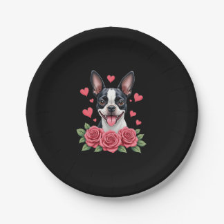 Assiettes En Carton Boston Terrier with Red Roses Hearts Valentine�s D