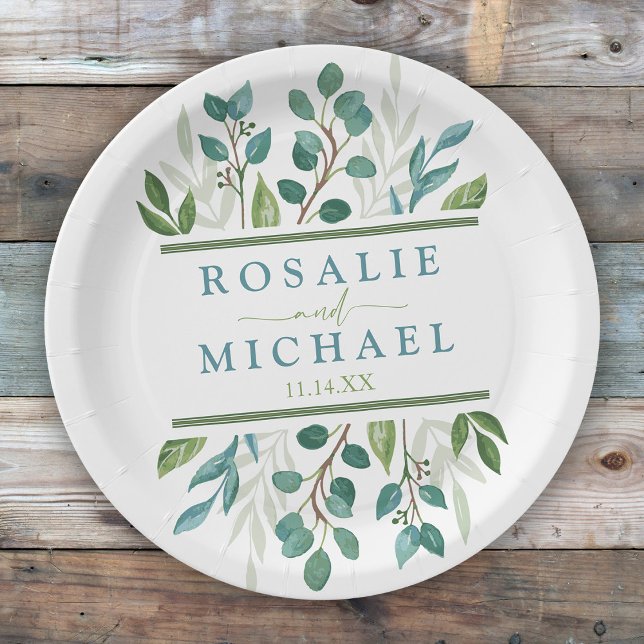 Assiettes En Carton Botanical Green Nom personnalisé (Botanical Greenery  Custom Wedding Paper Plates)