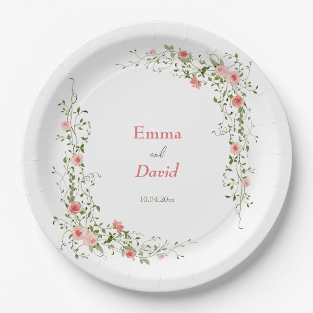 Assiettes En Carton Botanique rose Roses mariage rustique (Devant)