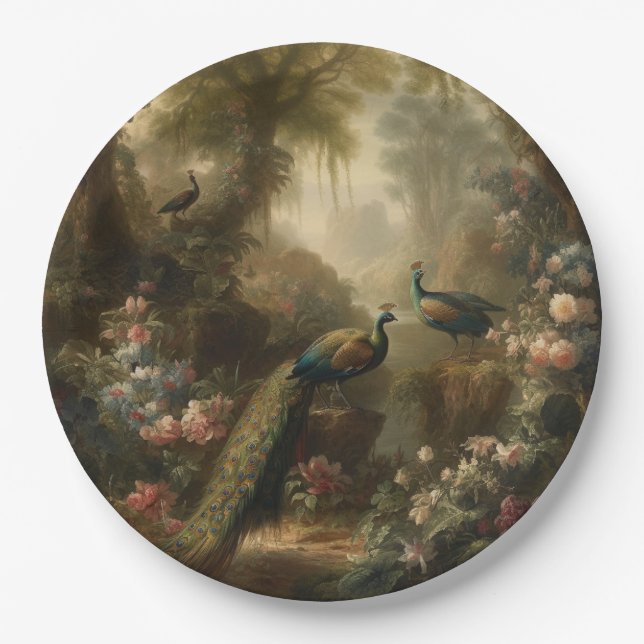 Assiettes En Carton Botanique : trois paons dans le jardin anglais (Devant)