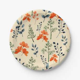 Assiettes En Carton Botaniques en floraison Orange Floral Vert Branche