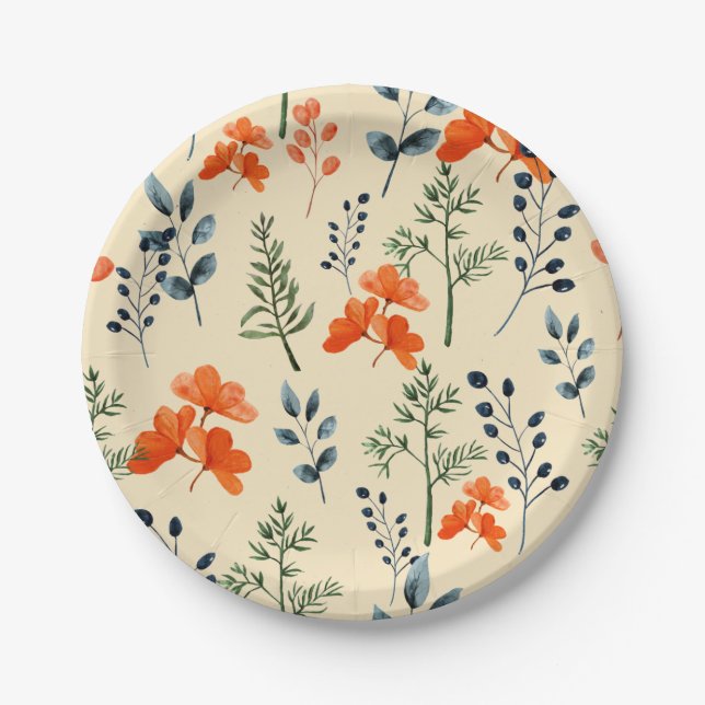 Assiettes En Carton Botaniques en floraison Orange Floral Vert Branche (Devant)