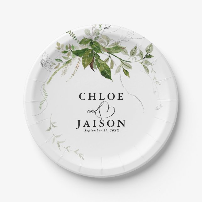 Assiettes En Carton Botaniques vertes Aquarelle Mariage de calligraphi (Devant)