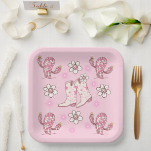 Assiettes En Carton Botte de cowgirl disco cactus et fleurs