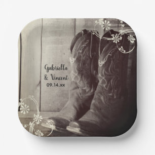 Assiettes En Carton Botte rustique Cowboy Floral Mariage occidental