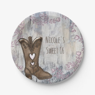 Assiettes En Carton Bottes cœur de cowgirl rose rustique mignonnes pou