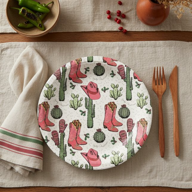 Assiettes En Carton Bottes de cow-girl de l'Ouest ivoirien Noël (Ivory Country Christmas Paper Plates Western Howdy Christmas Cowgirl Boots, Hat, Cacti Holly Berries)