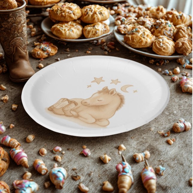 Assiettes En Carton Bottes de cowboy et Baby shower de poulain (Cowboy baby boots and foal baby shower paper plate)