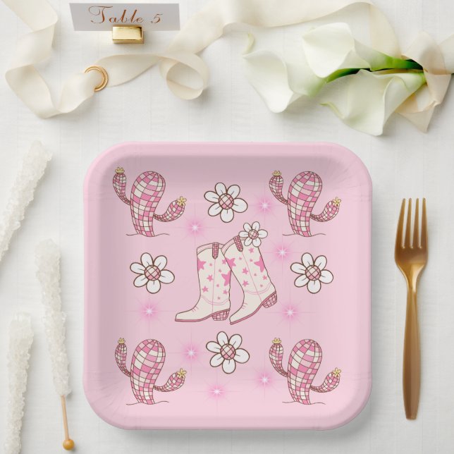 Assiettes En Carton Bottes de Cowgirl disco Cactus et fleurs (Mariage)