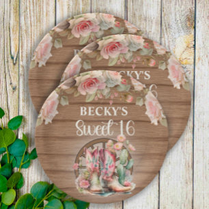Assiettes En Carton Bottes de cowgirl rustiques Roses roses Douce 16