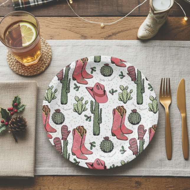 Assiettes En Carton Bottes de la petite fille de Noël de l'Ouest (White Country Christmas Paper Plates Western Howdy Christmas Cowgirl Boots, Hat, Cacti Holly Berries)