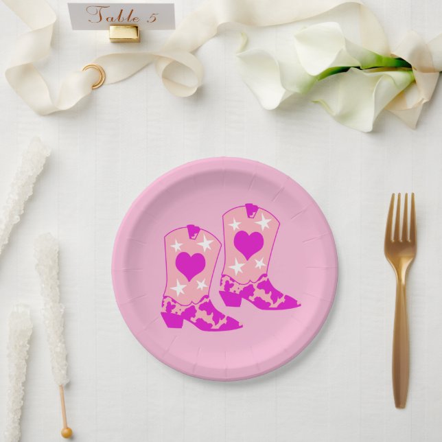 Assiettes En Carton Bottes Occidentales de fille rose moderne (Mariage)