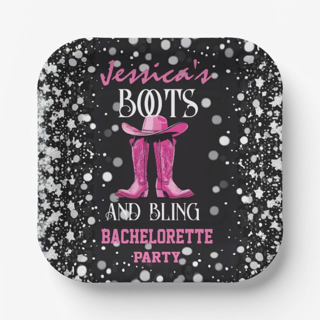 Assiettes En Carton Bottes roses et Bling Bachelorette (Recto)