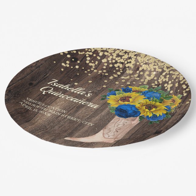 Assiettes En Carton Bottes Roses Russe bleu tournesol Quinceañera (Angle)