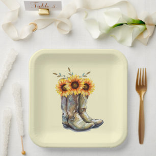 Assiettes En Carton Bottes rustiques Cowboy avec tournesol