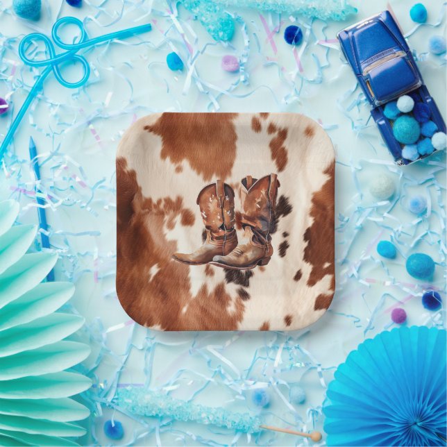 Assiettes En Carton Bottes Western Brown Cream Cowboy (Fête)