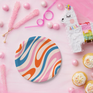 Assiettes En Carton Boucles ondulées Rétro Moderne Motif Abstrait Bleu