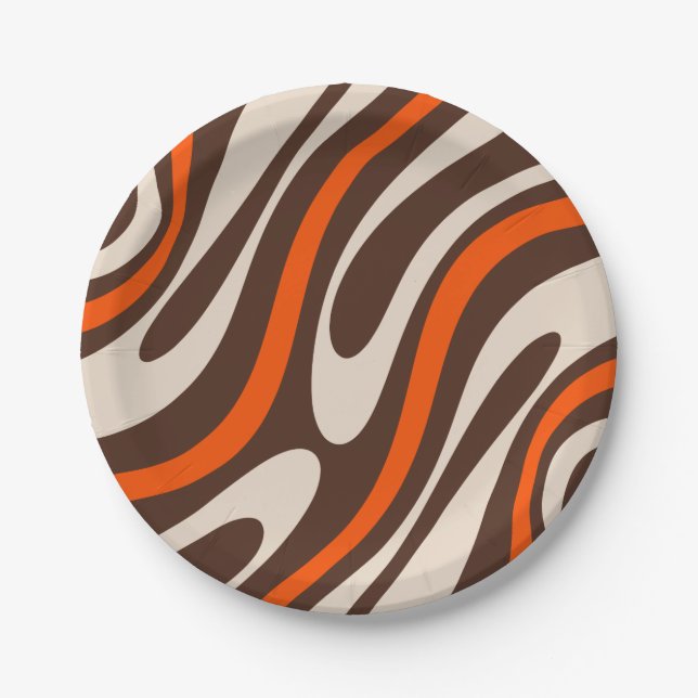 Assiettes En Carton Boucles Wavy Retro Abstrait Motif Brown et orange (Devant)