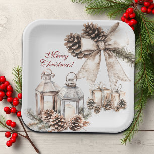 Assiettes En Carton Bougies Pins de Neige cônes Noël