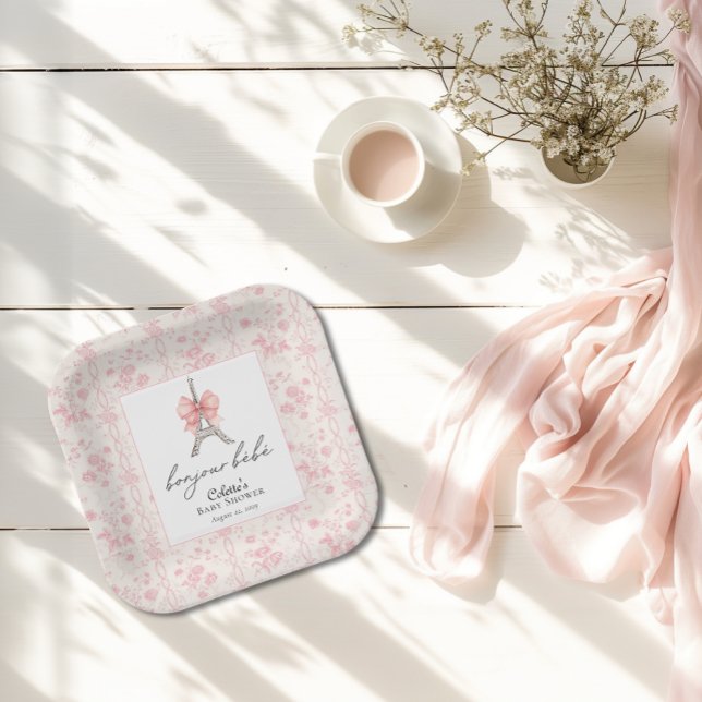 Assiettes En Carton Boujour Bebe Paris Toile Baby shower rose (Bon Jour Bebe Baby Shower  Paper Plate )