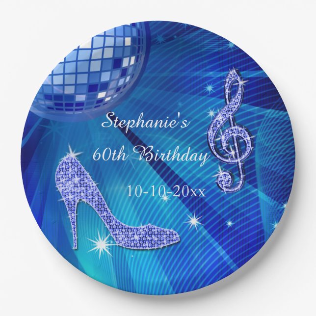 Assiettes En Carton Boule bleue de disco et anniversaire de talons (Devant)