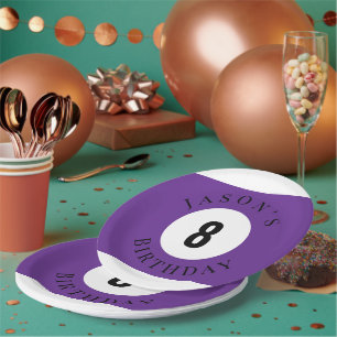 Assiettes En Carton Boule de Billard Personnalisée Violette pour Anniv