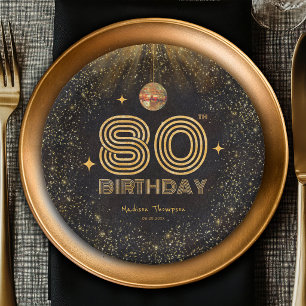 Assiettes En Carton Boule de disco pailletée or noir Fête d'anniversai