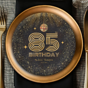 Assiettes En Carton Boule de disco pailletée or noir pour fête d'anniv