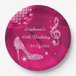 Assiettes En Carton Boule de disco rose chaud et talons 60e anniversai