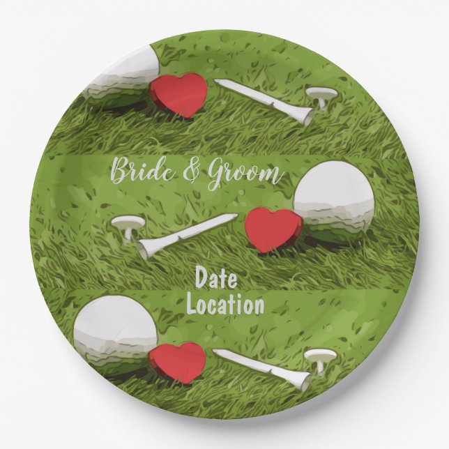 Assiettes En Carton Boule de golf avec amour sur plaque de papier vert (Devant)