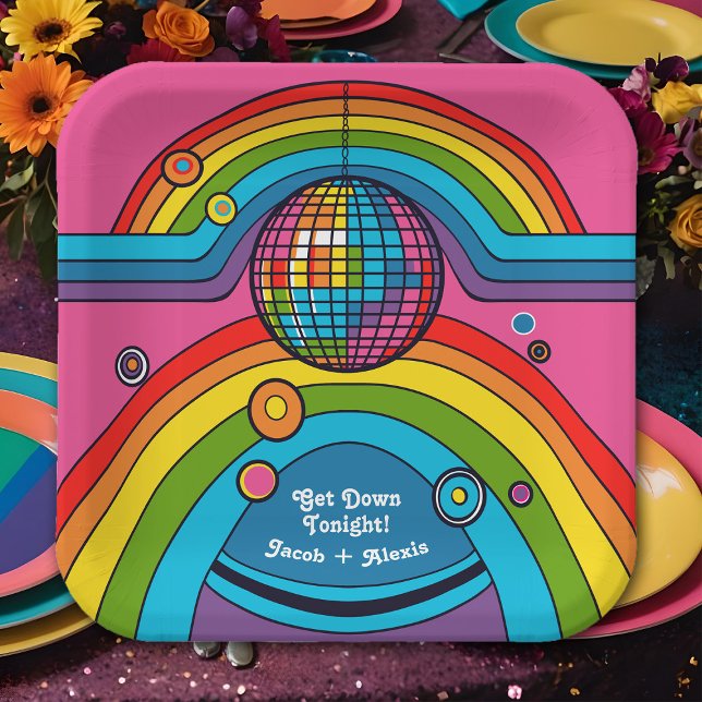 Assiettes En Carton Boule de miroir Super Disco Rainbow des années 70  (Thrifty retro 70's wedding party plates with a disco theme and bright rainbow colors)