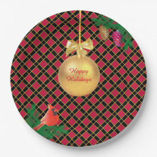 Assiettes En Carton Boule de Noël, oiseau, pommes de pin sur fond à ca