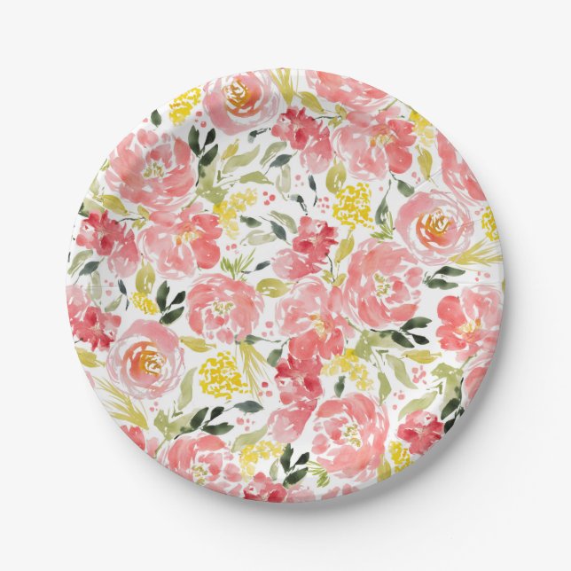 Assiettes En Carton Boule de ruban satiné motif de fleurs d'aquarelle (Devant)
