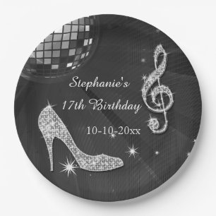 Assiettes En Carton Boule disco et talons noir/argent 17e anniversaire