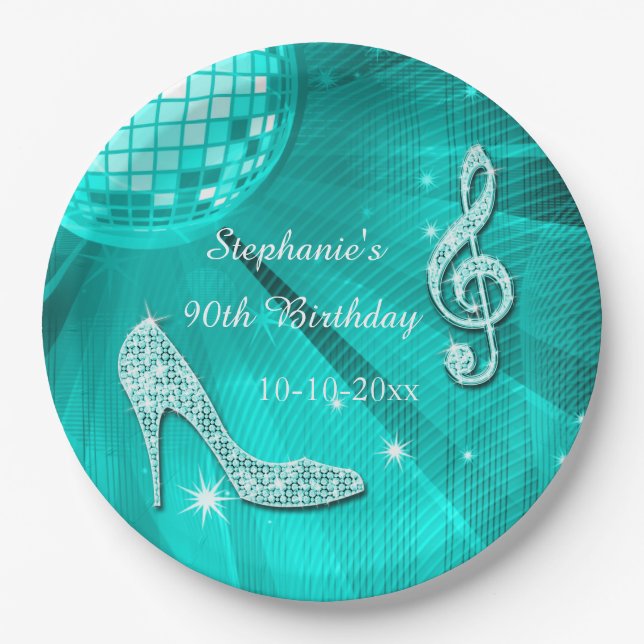 Assiettes En Carton Boule turquoise de disco et anniversaire de talons (Devant)