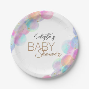 Assiettes En Carton Boules arc-en-ciel colorées Baby shower blanc