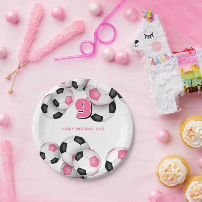 Assiettes En Carton boules de football rose noir filles fête d'anniver (Fête)