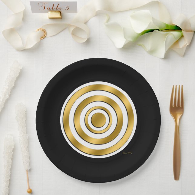 Assiettes En Carton Boules de papier noir Gold Party (Mariage)