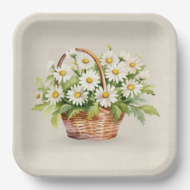 Assiettes En Carton Bouquet Aquarelle Daisy En Panier (Recto)