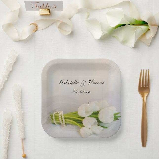 Assiettes En Carton Bouquet blanc Tulip Mariage de printemps (Mariage)