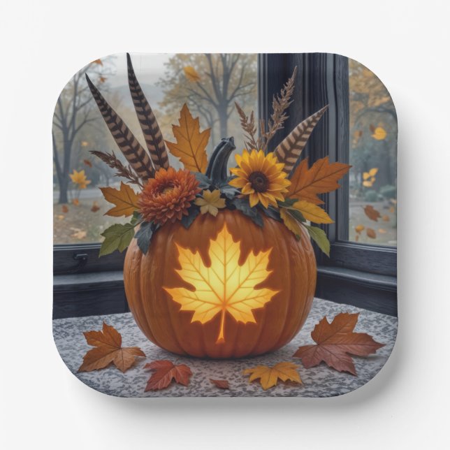Assiettes En Carton Bouquet d'automne dans un Citrouille orange (Recto)