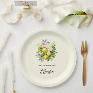 Assiettes En Carton Bouquet de Citron avec Fleurs Blanches Anniversair