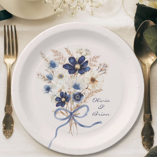 Assiettes En Carton Bouquet de fleurs bleu marine aquarelle personnali