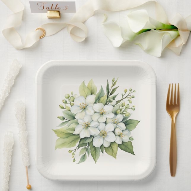 Assiettes En Carton Bouquet de fleurs de pomme blanche aquarelle (Mariage)