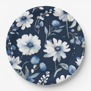 Assiettes En Carton Bouquet de fleurs élégant aquarelle bleue