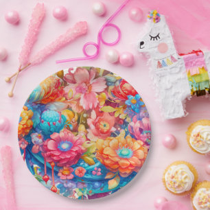 Assiettes En Carton Bouquet de fleurs en rose orange et bleu Boho