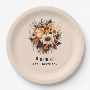 Assiettes En Carton Bouquet de fleurs gris jaune orange Anniversaire